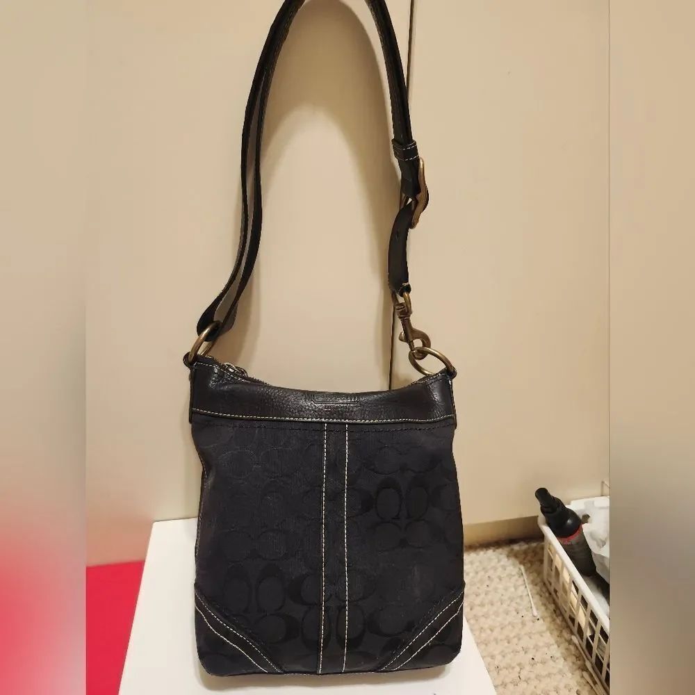 Coach Signature "CC" Logo Canvas w/Black Leather Trim Shoulder Bag Ret.$339 - Picture 3 of 14